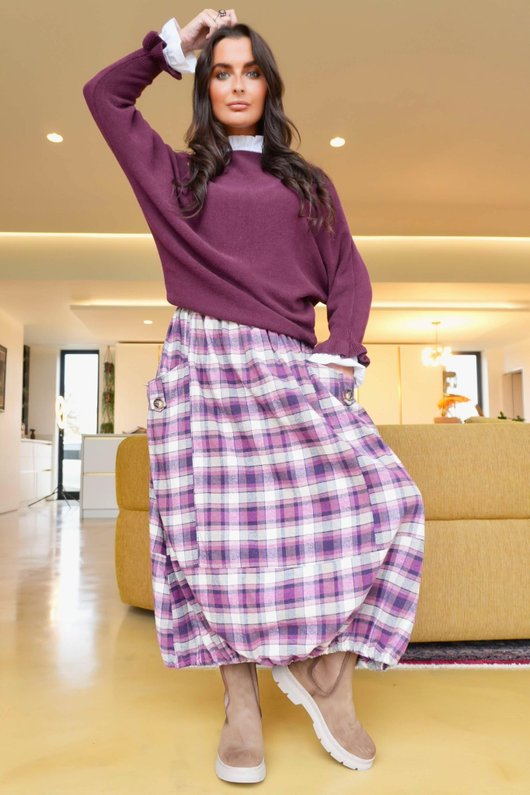 Roberta Plaid Brushed Cotton Balloon Hem Skirt Aubergine